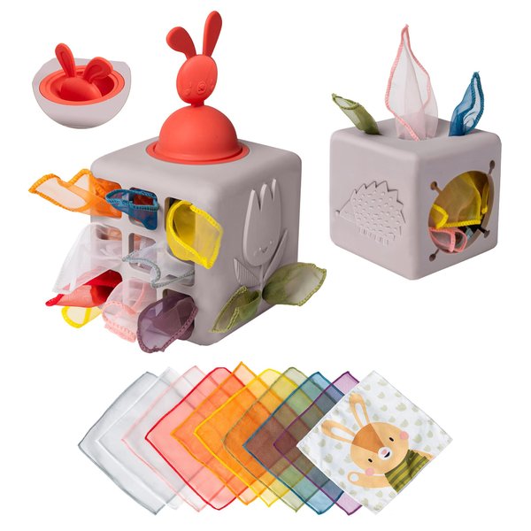 Taf Toys Baby Tissue Box Montessori Toys for Babies - Sensory & Motor Skills Development Silicone Toy with 10 Fabric Tissues, Pop-Up Bunny, Toys for 1 Year Old Boy Girl Preschool Toy