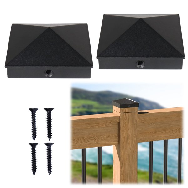 Muzata 2Pack 4x4 Aluminum Post Caps Post Cover Pyramid Black Post Caps for 4x4 Nominal Wood Post (Actual 3.5"x 3.5") Powder-Coated Fence Post Cap for Wood Fence Deck Railing WT06