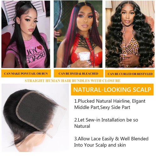 QTHAIR 14A Straight Hair Bundles with Closure (12 14+10inch Closure) 100% Brazilian Straight Virgin Hair 2 Bundles with Lace Closure Free Part Human Hair Extensions Natural Color