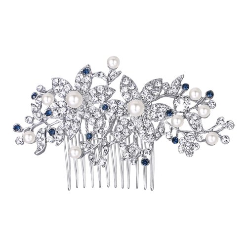 EVER FAITH Austrian Crystal Cream Simulated Pearl Graceful Redbud Flower Wedding Hair Comb for Bride, Bridesmaids Blue Silver-Tone