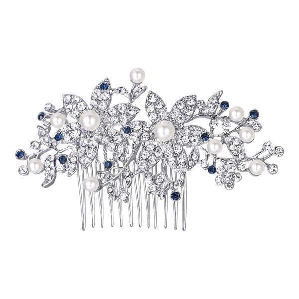 EVER FAITH Austrian Crystal Cream Simulated Pearl Graceful Redbud Flower Wedding Hair Comb for Bride, Bridesmaids Blue Silver-Tone
