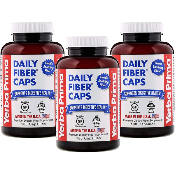 Yerba Prima Daily Fiber Capsules – 180 Caps (Pack of 3) - Soluble Dietary Fiber Supplement - Colon Cleanse - Gut Health - Constipation Relief – Vegan, Non-GMO, Gluten-Free