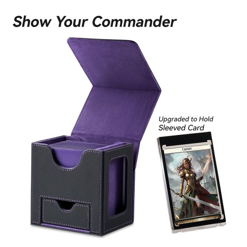 Mage Tech Card Deck Box for MTG Commander - Patented Design, Commander Display, Fits 100 Double-Sleeved Cards, 35pt Card Brick & Dice Tray - Black/Purple