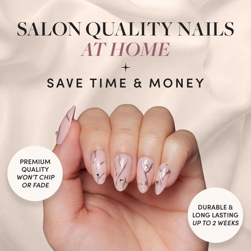 Glamnetic Press On Nails - Astro | Semi-Transparent 3D Metallic Silver Swirl Short Almond Fake Nails in a Glossy Finish | 15 Sizes - 30 Nail Kit with Glue
