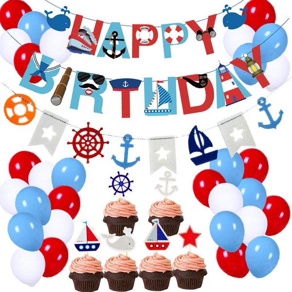 77Pcs Nautical Party Supplies for Boys Nautical Party Decorations Nautical Happy Birthday Banner Cupcake Toppers Balloons for Kids Girls Baby Shower Nautical Theme Birthday Party Decoration Supplies