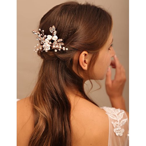 YERTTER Floral Wedding Hair Pins for Brides and Bridesmaids Flower Rose Bridal Clips Boho Crystal Rhinestones Decorative Hair Pieces for Women Girls (Rose Gold)