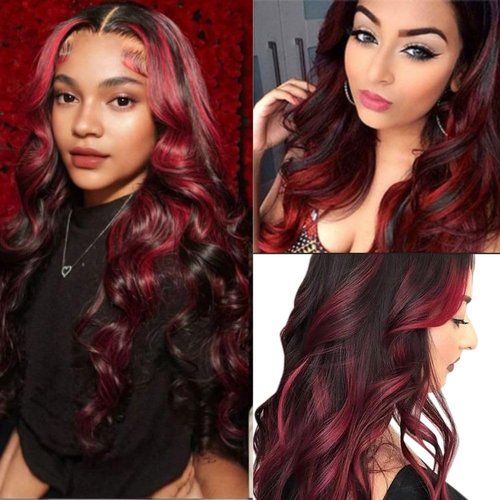 Salaibs Red Black Long Curly Wavy Wig Lace Front Wigs for Women Middle Part Synthetic Cosplay Costume Hair Wig