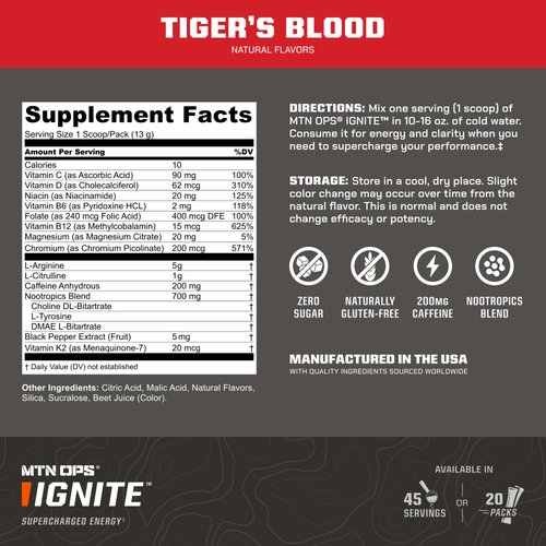 MTN OPS Ignite Supercharged Energy Drink Mix 45-Serving Tub, Tiger's Blood