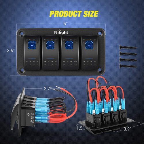 Nilight - 90109D 4 Gang Aluminum Rocker Switch Panel Toggle Dash 5 Pin ON/Off Pre-Wired Rocker Switch Blue Backlit Switch for Automotive Car Marine Boat RV,2 Years Warranty