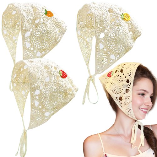 Jaczora 3 PACK Fruit Crochet Headband, Vintage Crochet Beige Bandana Headband, Hair Bandana Coverings Accessories Cotton Head Scarf for Women Girls