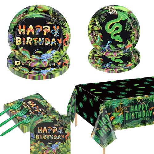 81Pcs Reptile Party Decorations Plates - Including Reptile Birthday Party Decorations Plates Napkins Wildlife Tablecloth for Jungle Safari Lizard Swamp Reptile Birthday Party Supplies, Serve 20