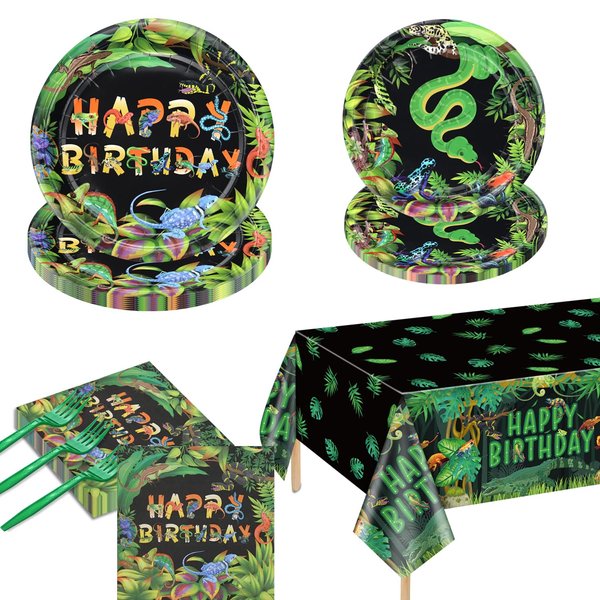 81Pcs Reptile Party Decorations Plates - Including Reptile Birthday Party Decorations Plates Napkins Wildlife Tablecloth for Jungle Safari Lizard Swamp Reptile Birthday Party Supplies, Serve 20