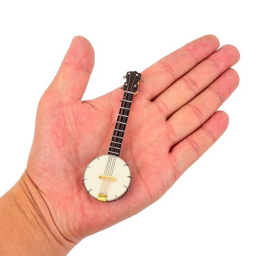 Dselvgvu Miniature Banjo with Stand and Case Mini Musical Instrument Replica Dollhouse Accessories Collectible Model Home Ornament (3.94"x1.31"x0.55")
