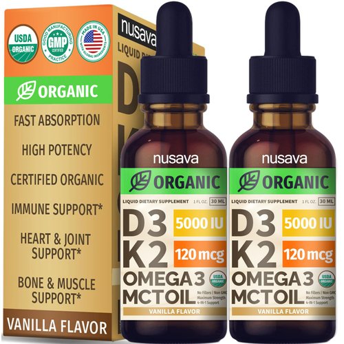 (2 Pack) Organic Vitamin D3 K2 Drops w MCT Oil Omega 3, 5000 IU, Maximum Strength Vitamin D Liquid 5000 IU, No Fillers, Non-GMO Liquid D3 for Faster Absorption, Immune Support (Vanilla, 2 Fl Oz)