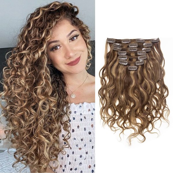 Loxxy Clip in Human Hair Extensions #P4/27 Dark Brown Mixed with Caramel Blonde Natural Wave Real Human Hair Extension 14inch Double Weft 7Pcs/lot And 17 Clips Per Pack 120g/set