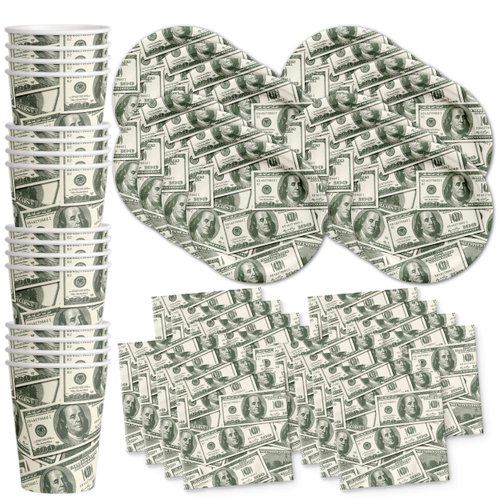 Money $100 Dollar Bills Birthday Party Supplies Set Plates Napkins Cups Tableware Kit for 16