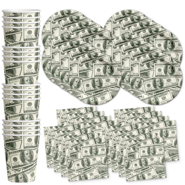 Money $100 Dollar Bills Birthday Party Supplies Set Plates Napkins Cups Tableware Kit for 16