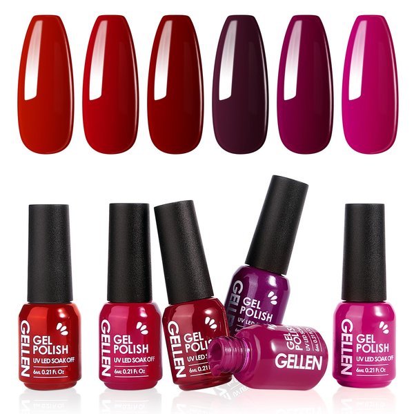 Gellen Gel Nail Polish, Burgundy Dark Red Purple Gel Polish Set 6 Colors, Non Toxic No Wipe Soak Off UV Light Gel For Women Girls Manicure Home Salon Trendy Nail Gifts Valentine's Day Christmas