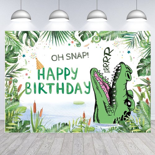 Hilioens 7×5ft Crocodile Birthday Backdrop Cartoon Crocodile Kids Boys Birthday Party Decorations Green Leaf Oh Snap Background Banner Supplies