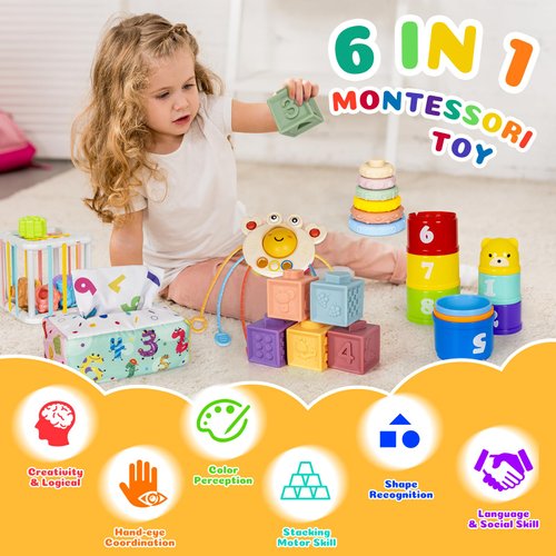 GJOF2YK 6 in 1 Montessori Toys for Babies 6–12 Months Stacking Block Soft Infant Ring Shape Learning Sensory Bin Pull String Teething Toy Tissue Box for Toddlers 1 2 3 Year Old Boy Girl Gift