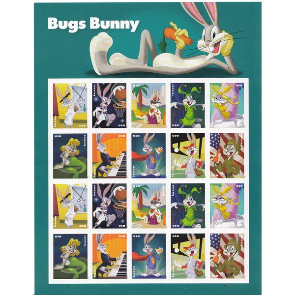 U.S. Forever Postage Stamps Celebrating Bugs Bunny & His Marvelous Masquerades Depicted in 10 Different Classic Costumes Over His 80 Year Career. 1 Pane of 20 Stamps (1 Stamp Sheet (20 Stamps))