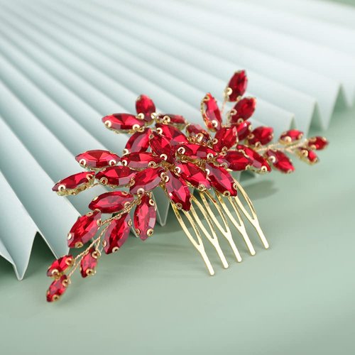 BERYUAN Wedding Hair Comb, Metal Women Girls Bridal Red Crystal Rhinestone Teardrop Headpiece Hair Accessories for Brides Bridesmaid