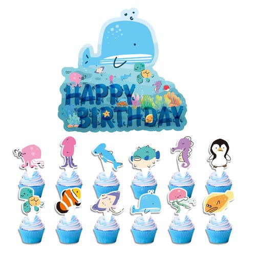 Under the Sea Party Decorations, Sea World Birthday Party Supplies Decorations, Sea World Party Supplies Includes Happy Birthday Banner, Cake Topper, Cupcake Toppers, Latex Balloons