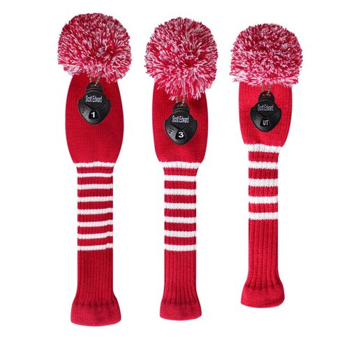 Scott Edward Stripes Style Knitted Golf Club Head Covers Set of 3, fit for Driver Wood(460cc), Fairway Wood, Hybrid(UT), for Men/Women Golfers, Individualized Looking and Washable (Crimson Red)