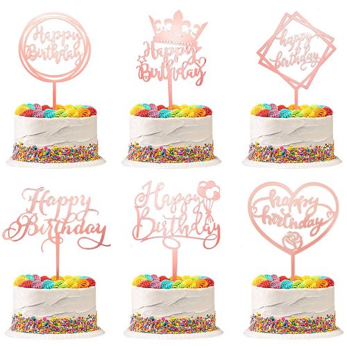 Luxiocio 6 Pack Happy Birthday Cake Topper - Double-Sided Glitter Acrylic Cake Topper - Birthday Cake Supplies Decorations for Children or Adults (Rose Gold)