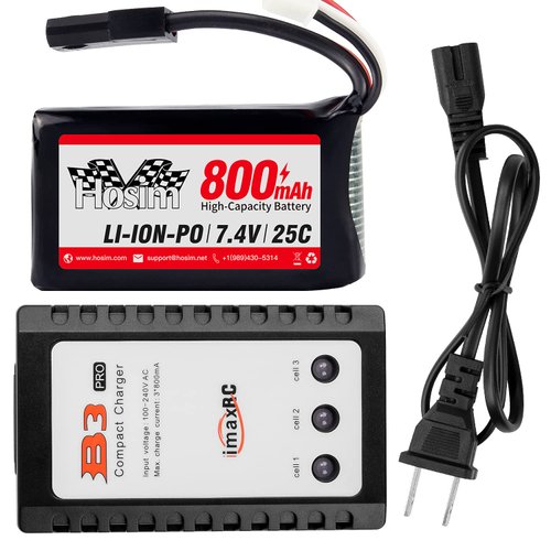 Hosim [New Version] 7.4V 800mAh RC Car Rechargeable Li-Po Battery & 1pcs Balance Charge,Spare Replacement Parts Assessory for 9130 9135 9136 9138 1/16 Scale All Terrain RC Truck Battery