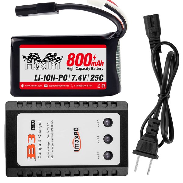 Hosim [New Version] 7.4V 800mAh RC Car Rechargeable Li-Po Battery & 1pcs Balance Charge,Spare Replacement Parts Assessory for 9130 9135 9136 9138 1/16 Scale All Terrain RC Truck Battery