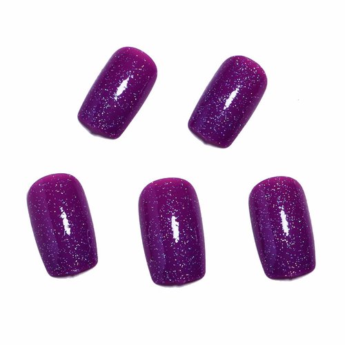 MISUD Press on Nails Medium Square Fake Nails Glossy Glue on Nails Purple Acrylic Nails Squoval Artificial Nails Bling Glitter Stick on False Nails with Design 24 pcs
