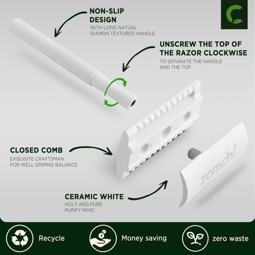 ZOMCHI Double Edge Safety Razor with Stand for Men, Women Razor with 10 Double Edge Safety Razor Blades, Plastic Free Metal Razor – White