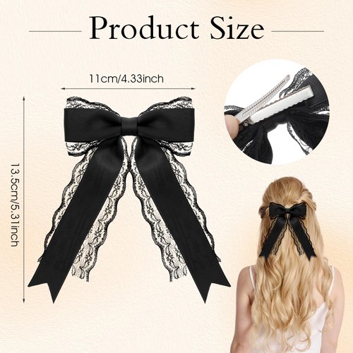 Giantree 2 Pcs Black Lace Hair Bow Clips for Women, Cute Lace Hair Bows Clips with Long Tail Ribbon for Wedding Halloween Gothic Dress Decor Accessories Gift