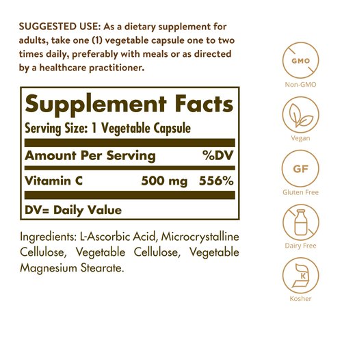 Solgar Vitamin C 500 mg, 250 Vegetable Capsules - Antioxidant & Immune Support - Overall Health - Supports Healthy Skin & Joints - Non-GMO, Vegan, Gluten Free, Kosher - 250 Servings