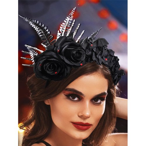 Urieo Halloween Flower Headband for Women Black Rose Hair Band Gothic Crystal Hairpieces Day of The Dead Floral Crown Handmade Cosplay Dress up Costume Hair Accessories