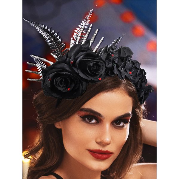 Urieo Halloween Flower Headband for Women Black Rose Hair Band Gothic Crystal Hairpieces Day of The Dead Floral Crown Handmade Cosplay Dress up Costume Hair Accessories