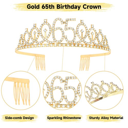 65th Birthday Sash and Crown for Women Gold 65th Birthday Tiara and Sash Set Gifts for Her 65 & Fabulous Sash Birthday Decorations Happy Birthday Crown and Sash Accessories Birthday Gift for Women