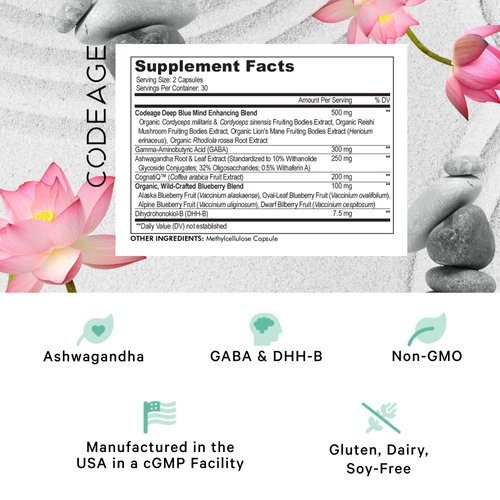 Codeage Meditate Vitamins Supplement - GABA, DHH-B, CognatiQ, Ashwagandha, Organic Mushrooms - Mind Vitamins Relaxation Calmness Support - Vegan - Non-GMO - 60 Capsules