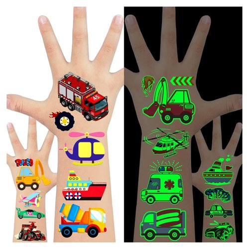 Leesgel 24 Sheets Car Temporary Tattoos for Kids, Truck Transportation Glow in Dark Tattoos Stickers, Construction Vehicle Birthday Party Supplies Favors