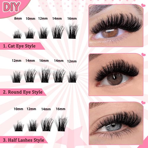 Self Adhesive Lash Clusters Kit Flu-ffy 8-16mm No Glue Lashes Press On Lashes, 60 Pcs Glueless DIY Eyelash Extensions Kit Pre Bonded Lash Clusters with Eyelash Curler and Lash Tweezers(No Glue HG04)