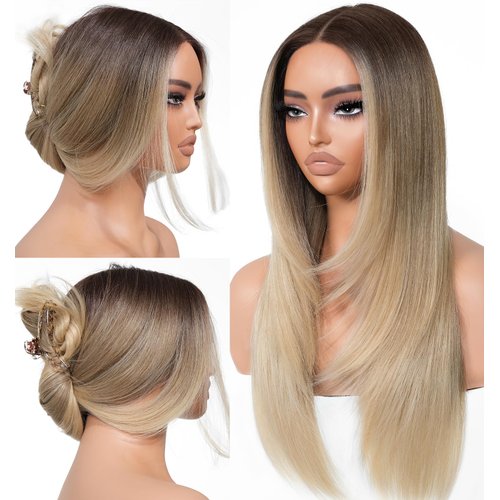 BrownBomb Ombre Blonde Wear and Go Glueless Wigs Pre Plucked Pre Cut for Beginners Synthetic Lace Front Wigs With Bangs Blonde Long Layered Straight Wigs 26 Inch 3 Seconds to Wear for Beginners