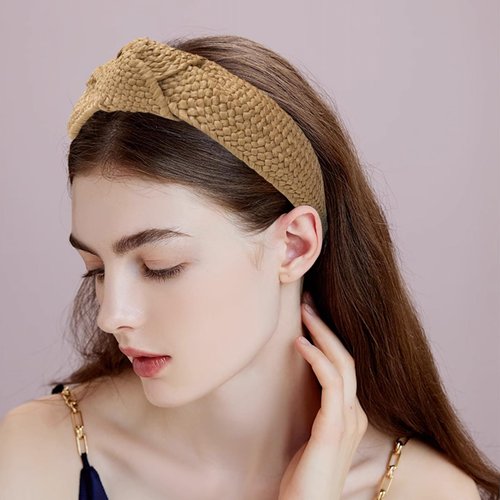 Jseng 4PC Handmade Raffia Boho Headbands, Top Knot Knotted Rattan Woven No Slip Headbands for Women, Summer Beach
