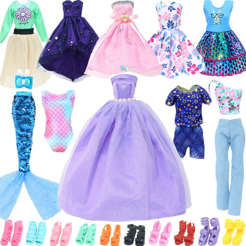 BLIJOLA Doll Clothes and Accessories Fashion Pack 24Pcs, Wedding Gown Casual Dresses Daily Tops Pants Outfits Party Dresses Sequins Mermaid Tail Swimsuit and Shoes for 11.5 inch Girl Doll(Style A)