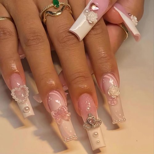 BABALAL Square Press on Nails Long Fake Nails White French Glue on Nails 3D Flower Bow rhinestone Acrylic Nails 24Pcs Glitter Shiny Planet Squoval Love Pink Heart Stick on Nails for Women and Girls