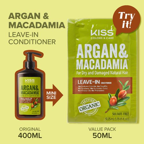 KISS Color & Care Argan & Macadamia For Dry and Damaged Natural Hair 3 Pack Leave-In Conditioner Bundle