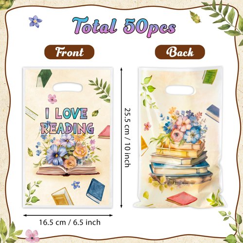 ArowlWesh Book Party Favor Bags - 50Pcs Plastic Floral Snack Candy Goodie Gift Bags with Handles Reading Book Themed Party Supplies Kids Birthday Club Decoration