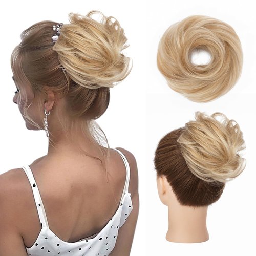 SLEEKALON Human Hair Messy Bun Hair Piece 100% Real Straight Hair Bun Scrunchies for Women Chignon Updo Ash Blonde Highlights Hair Bun Extensions Elegant Donot Thick Bun Hairpiece with Elastic Band