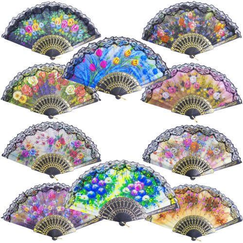 Grosun 10 Pieces Spanish Hand Fan Spanish Fans Handheld Fan for Women Floral Spanish Folding Fan Foldable Fan Vintage Fans Handheld Hand Fan for Wedding and Party Decoration, Random Color