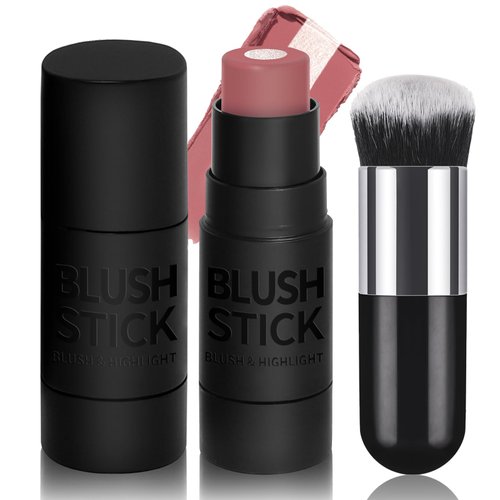 HOSAILY 2 IN 1 Cream Blush Highlighter Makeup Stick for Cheeks, Waterproof Face Contour Blusher Stick Multi-Use Natural Blendable Cream Blush Stick with Highlighter Core Bronzer Makeup -#02